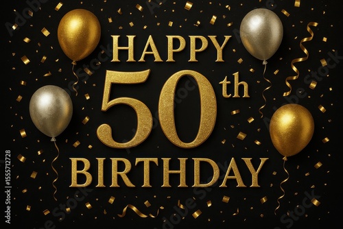 Luxurious 50th birthday celebration, golden accents, elegant design with balloons and stars