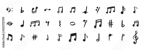 Notes doodle set hand drawn with a black pen. Sketch music drawing note 
