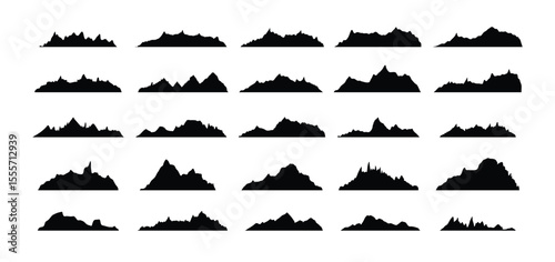 Mountain ridges peak silhouettes flat style isolated set. Rocky mountains peaks design various ranges outdoor nature landscape background design elements
