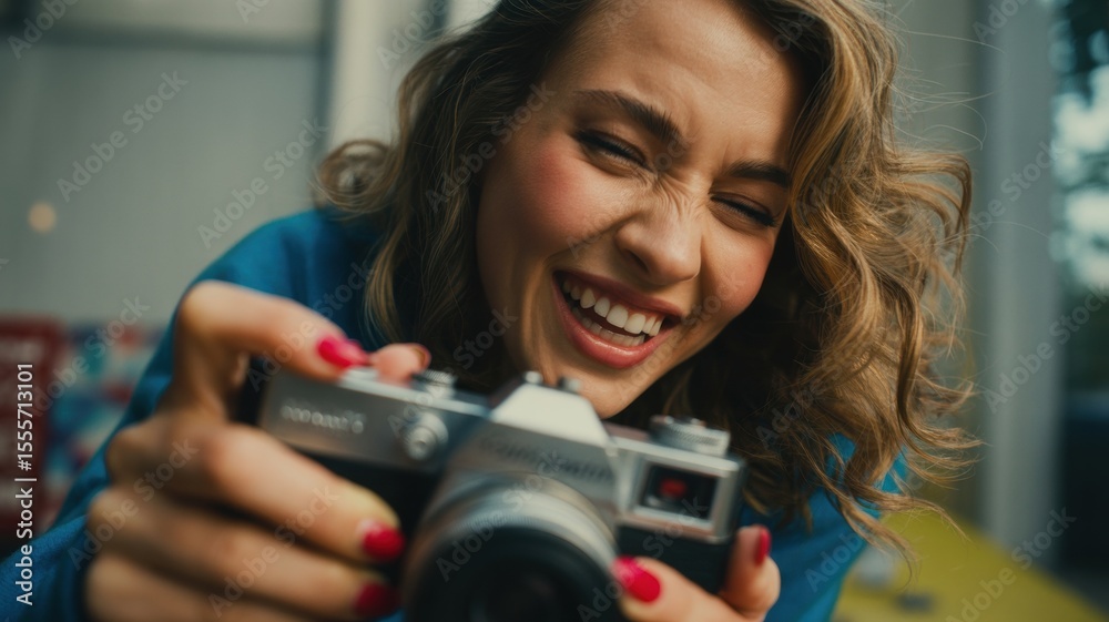 Young caucasian female smiling joyfully holding a camera Young caucasian female smiling joyfully holding a camera