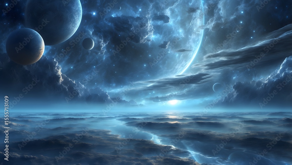 Fototapeta premium Celestial fantasy background with twin moons, glowing mist ocean, and icy blue clouds beneath cosmic auroras, dreamlike alien skyscape