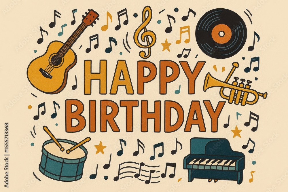 Obraz premium Musical birthday celebration with instruments like guitar and violin, colorful theme