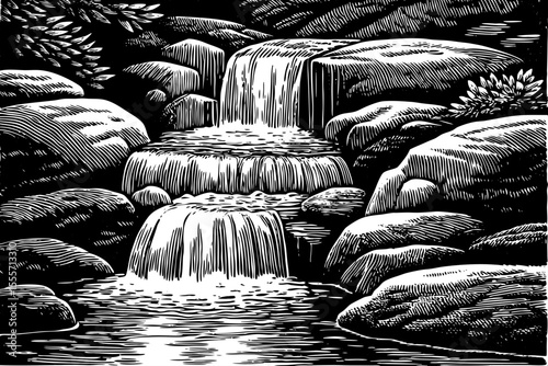 Small waterfalls flowing between moss-covered rocks, a black and white sketch vector hand drawn