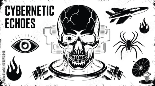 "Surreal Black and White Collage of Symbolic Illustrations Featuring Human Anatomy, Skulls, Eyes, Fighter Jet, Spider, and Nuclear Explosion"

