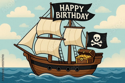 Pirate ship themed birthday with sails, fun adventure, Happy Birthday text