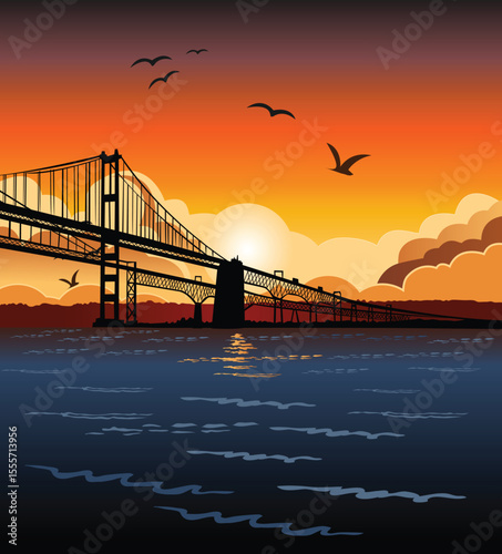 Sunset on Chesapeake Bay Bridge illustration