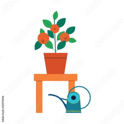 A potted orange tree and a watering can. Homegrown concept vector illustration.