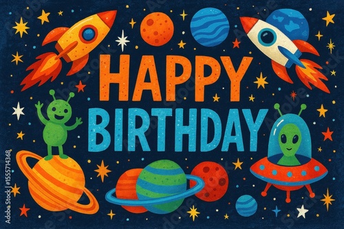 Space-themed birthday with rockets, planets, and aliens, colorful cosmic background