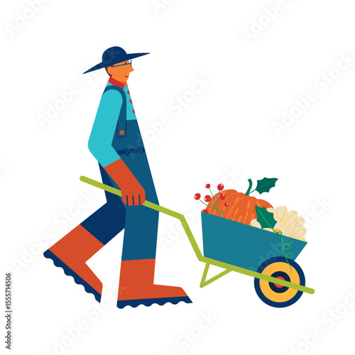 A man pushes a wheelbarrow overflowing with pumpkins. Homegrown concept vector illustration.