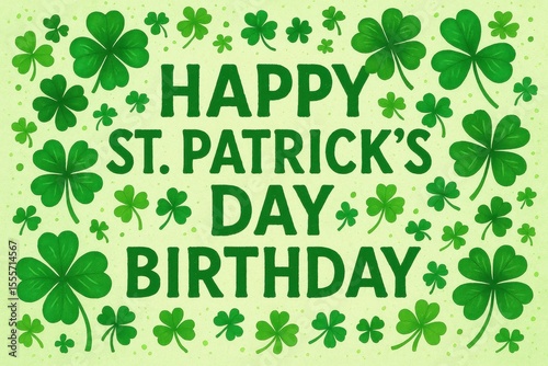 St. Patrick's Day birthday celebration, green clovers, festive design, birthday celebration