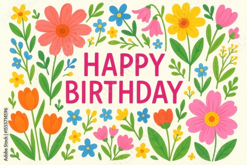 Spring-themed birthday with flowers, vibrant blooms, Happy Birthday text