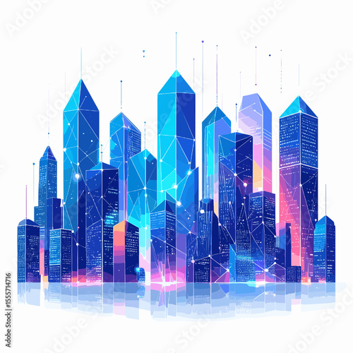 Abstract Blue Purple Cityscape Silhouette with Geometric Skyscrapers and Modern Urban Design at Night