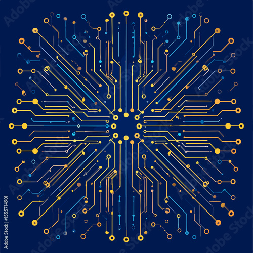 Abstract Geometric Circuit Board Design on Dark Blue Background Representing Modern Technology and Digital Connectivity