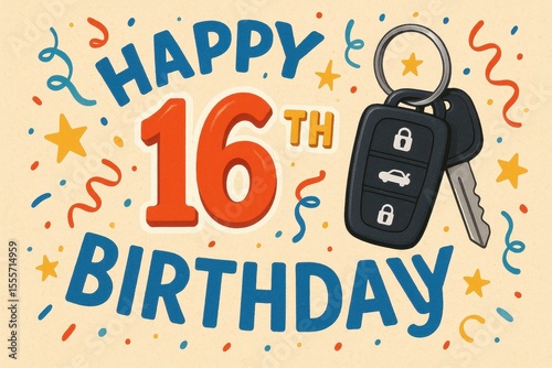 Sweet 16 birthday celebration, keys, fun and festive theme, colorful design