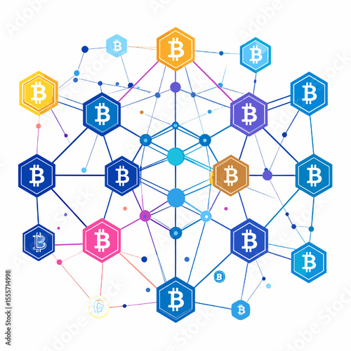 Abstract Multicolored Bitcoin Network with Hexagonal Nodes Against White Backdrop Digital Finance Cryptocurrency and Blockchain Technology
