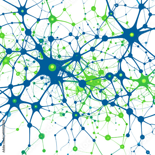 Abstract Neural Network Illustration with Green and Blue Neurons Connecting on a White Background Depicting Scientific and Biological Concepts