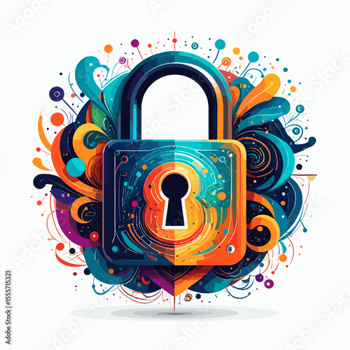 Abstract Padlock with Swirling Colorful Ornaments Security and Protection Concept Digital Art