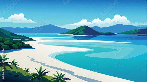 A scenic view of a tropical beach with mountains in the distance landscape illustration