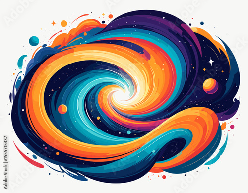 Abstract Pixelated Swirl Design in Blue Orange and Purple With Stars Against White Background