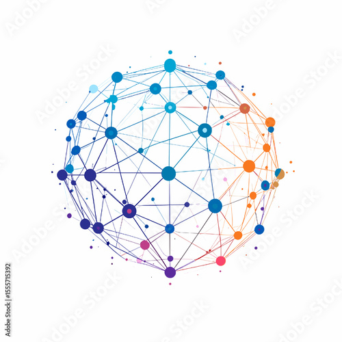 Abstract Spherical Network with Blue Orange and Purple Gradient Nodes and Interconnected Data Points on White Background