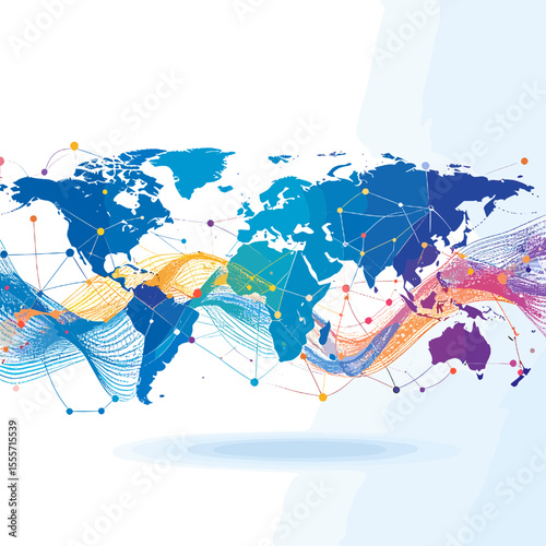 Abstract World Map with Dotted Network Connections in Shades of Blue Teal Orange and Purple on White Background