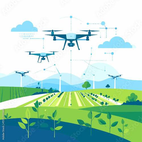 Agriculture Field with Drone Fleet Wind Turbines and Green Plants Under Blue Cloudy Sky Concept Illustration