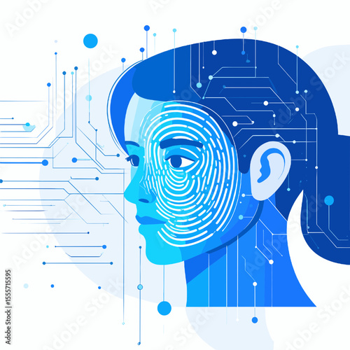 Biometric Scan of Woman Face with Futuristic Blue Digital Network and Circuit Connections for Security and Identity Recognition on White Background