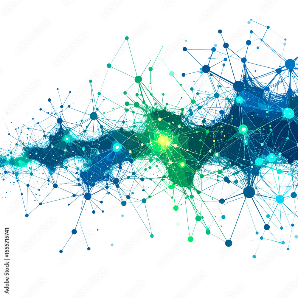 Obraz premium Blue Green Network of Dots and Lines on White Background Abstract Futuristic Communication Concept Graphic Design