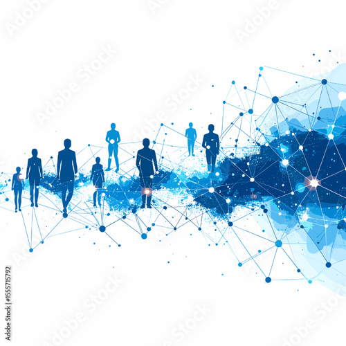 Blue Silhouettes of People Connected By Network of Dots on White Background For Business Communication in a Futuristic Style