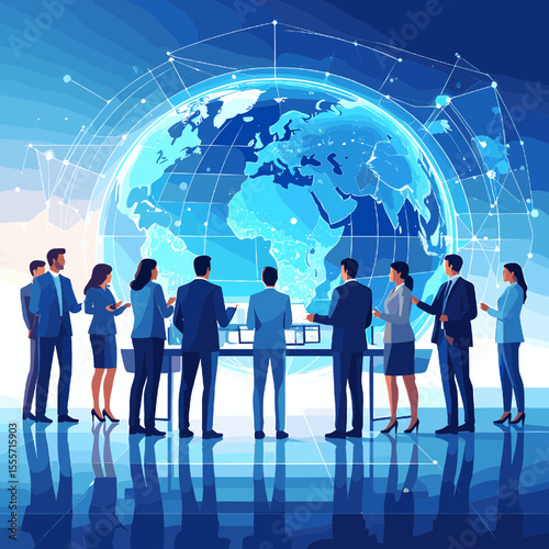 Business Team Meeting with Digital Earth Globe Background in Bright Light Standing Together in Blue Suits For International Collaboration
