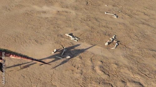 Dinosaur animation: velociraptor running over fossil bones in desert landscape.