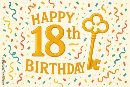 Fun 18th birthday with key decoration, colorful confetti, cheerful theme, party decorations, celebration