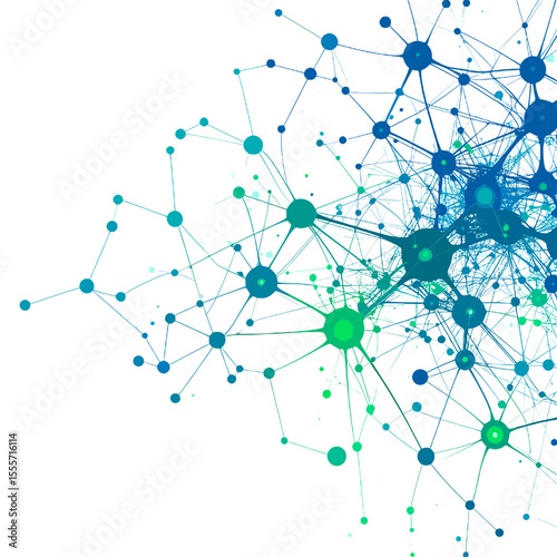 Complex Network of Interconnected Nodes and Data Points in Shades of Blue and Green on White Background Represents Connectivity