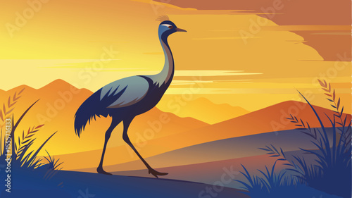 A crane walking in a field with mountains in the background landscape illustration