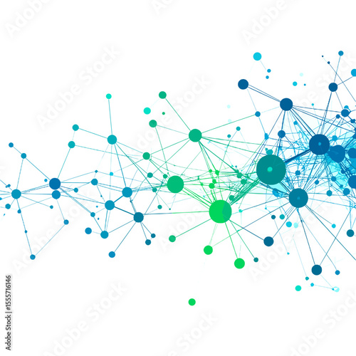 Connected Network of Dots in Blue and Green Gradient on White Background Represents Abstract Digital Data Communication Concept