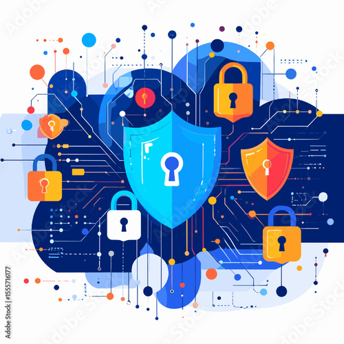 Cyber Security Concept with Padlocks and Shields in Blue and Orange Digital Data Protection on White Background