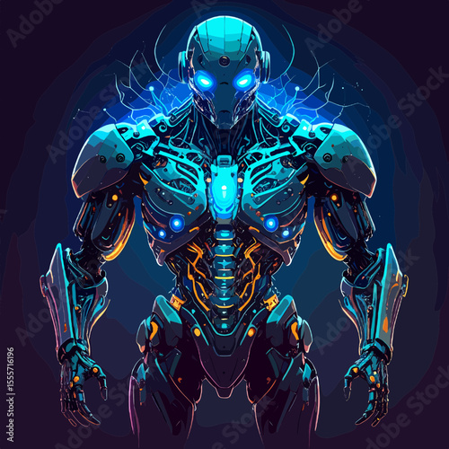 Cyan and Gold Robotic Figure with Glowing Lights in a Dark Background with Pixelated Details