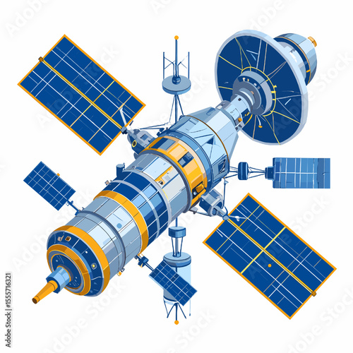 Digital Illustration of Detailed Satellite with Blue Solar Panels and Orange Accents Orbiting Earth in Space for Telecommunication and Exploration