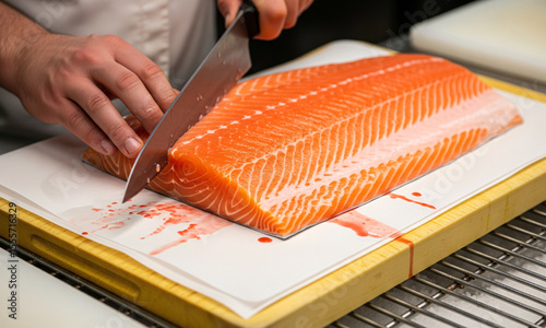 A chef cut a big piece of salmon fillet on a wooden cutting board	.