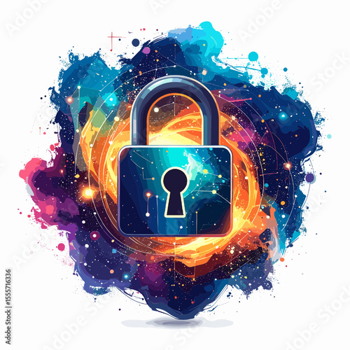 Digital Padlock Icon with Pixelated Cosmic Background in Teal Blue and Orange