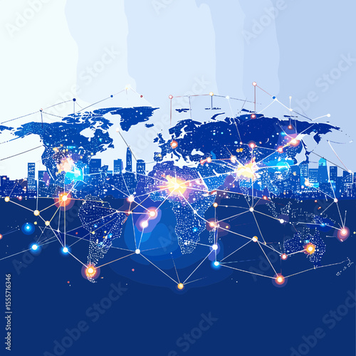 Digital World Map Connecting City Skyline with Node Network in Blue Tones