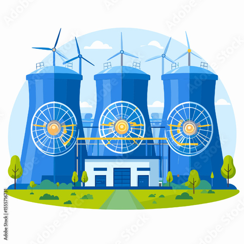 Illustration of a Nuclear Power Plant with Wind Turbines in Blue and Green Colors Representing Sustainable Energy and Clean Electricity Production