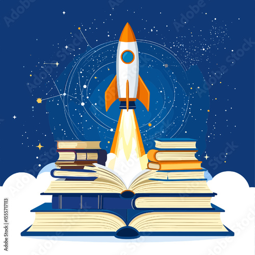 Rocket Launching from Stack of Books into Starry Sky Represents Education and Exploration