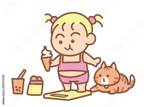 A young girl is weighing herself