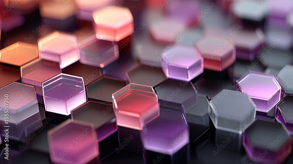 Fototapeta premium Shiny multi-colored hexagonal shapes with depth of field. Abstract glass crystal geometric background. Reflective light and color spectrum.