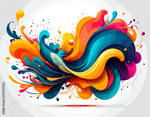 Vibrant Abstract Design Featuring Swirling Fluid Shapes and Pixelated Details in a Multicolored Spectrum on a White Background