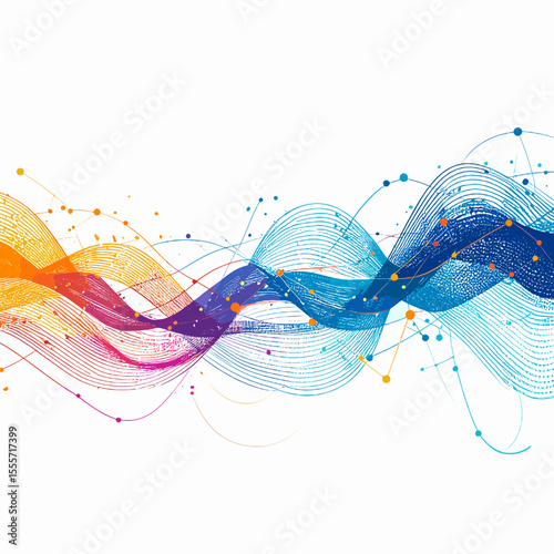 Vibrant Abstract Wavy Lines Pattern in Blue Orange and Purple with Dots on White Background