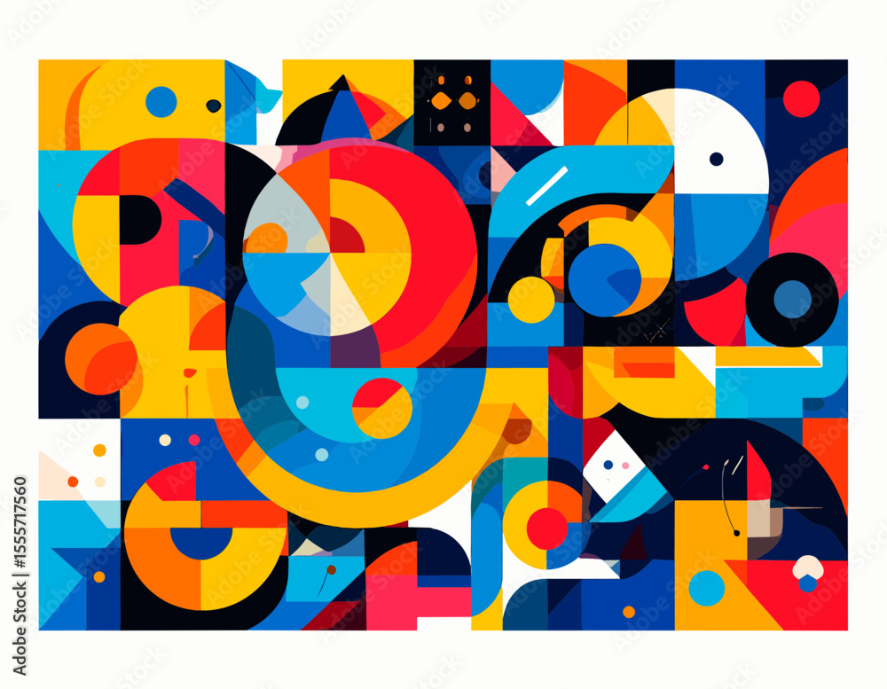 Obraz premium Vibrant Geometric Mosaic With Circles and Triangles in Bold Red Yellow and Blue Colors on a White Background