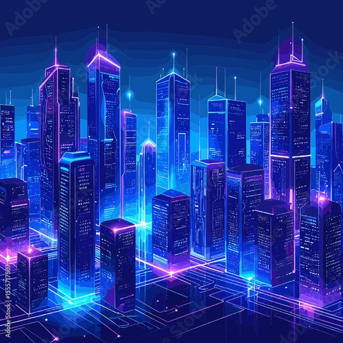 Vibrant Futuristic Cityscape at Night with Neon Lights and Tall Buildings in Geometric Style