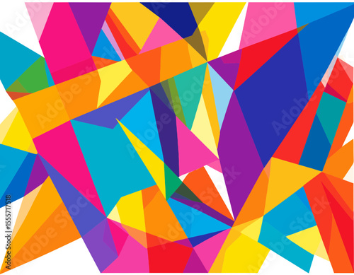Vibrant Geometric Abstract with Overlapping Polygons in a Spectrum of Red Pink Orange Blue Purple and Yellow on White Background